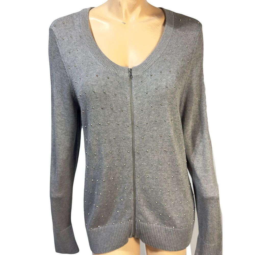 Talbots Full Zip Studded Cardigan Sweater Womens Size XL Gray Beaded Knit NWT